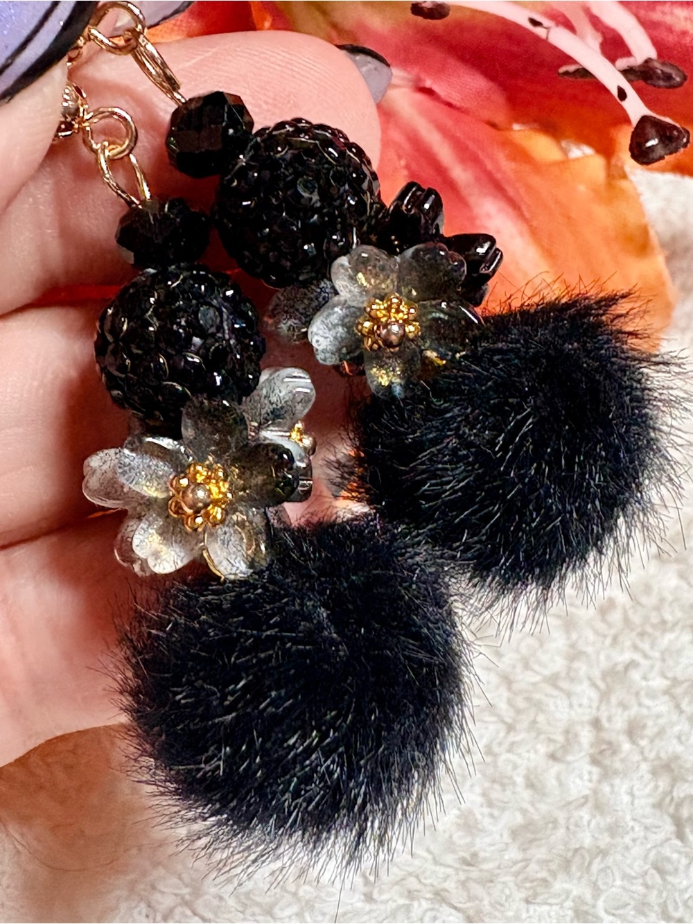 Black Floral Cluster Pom Drop Earrings - Women Jewelry